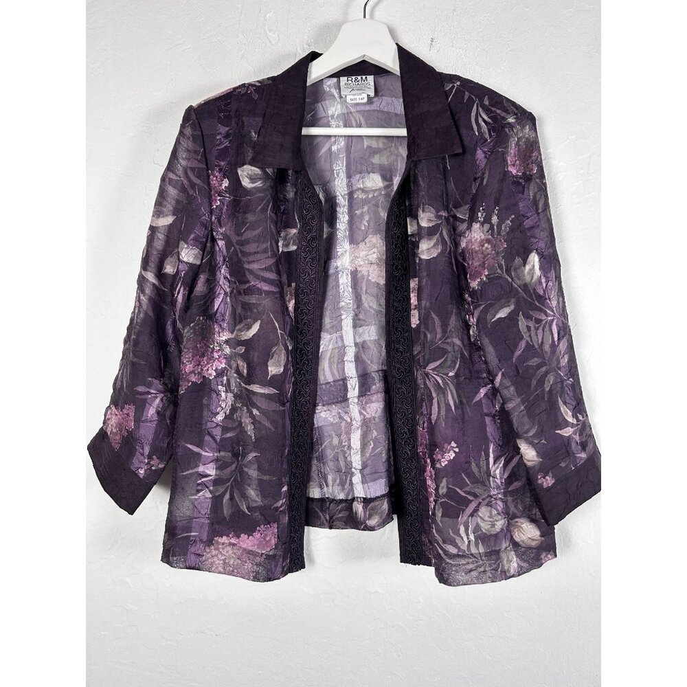 R&M Richards Womens Purple Sheer Floral Embroidered Open Front Jacket Size 14P